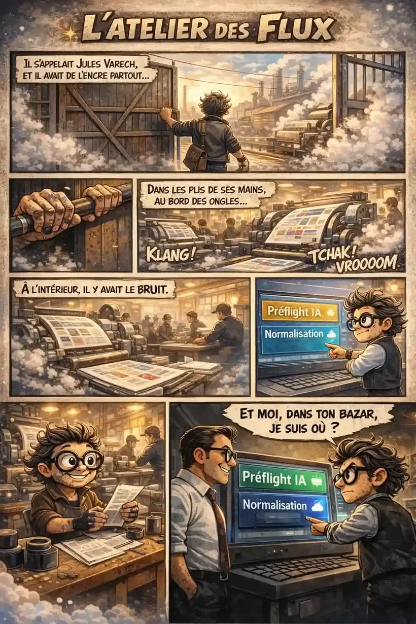 Planche complète de bande dessinée « L’atelier des flux » : Jules Varech au portail, les mains encrées, la rotative, l’écran de préflight et la question finale.